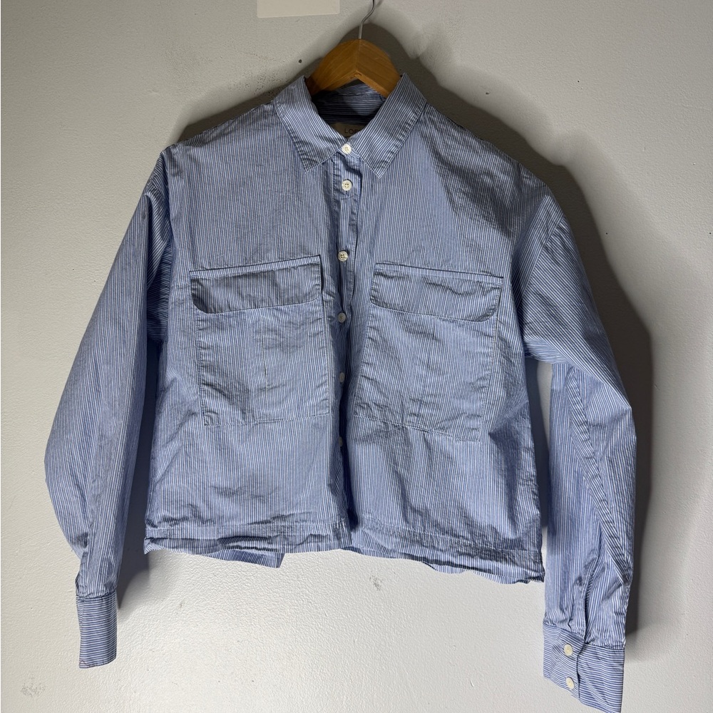 Loft Cropped Collar Poplin Button down Blue White Stripe Cheat Pocket Small